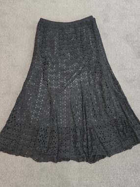 Pamela Dennis Women's Black Crochet A-Line Long Boho Skirt Lined Size M